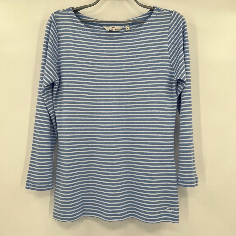 Vineyard Vines Women's Blue Sailor Stripe Long Sleeve Boat Neck Top T-Shirt sz S